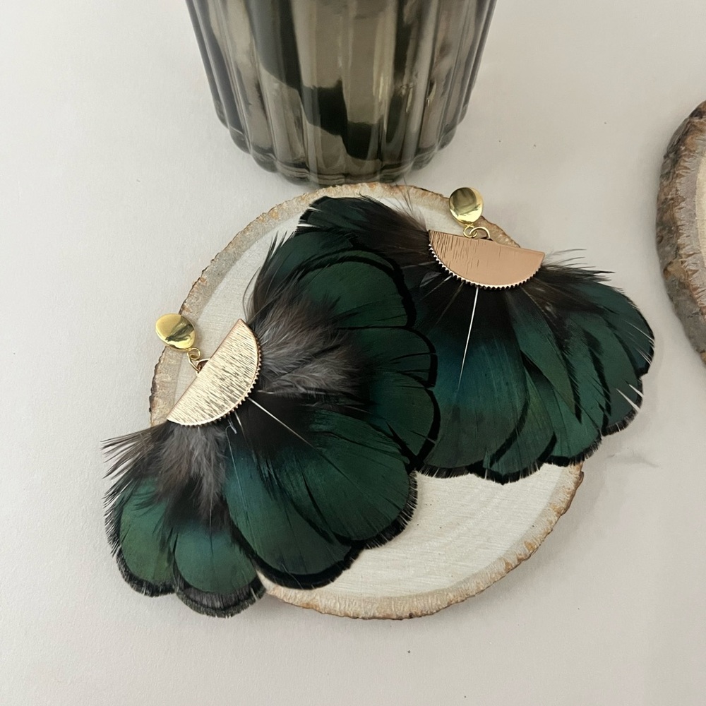 Elegant Dark Green Statement Feather Earrings